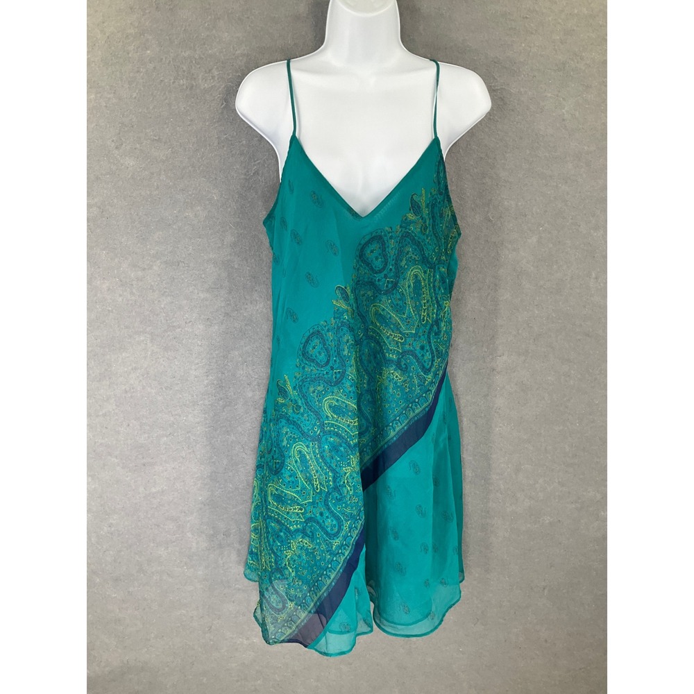 Valerie Stevens Slip Mini‎ Dress Sz L Teal Paisley Spaghetti Strap Romantic